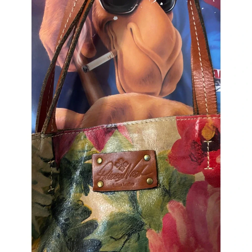Patricia Nash Italian Leather Floral Tote Bag Cognac Brown Hand Painted Shopper